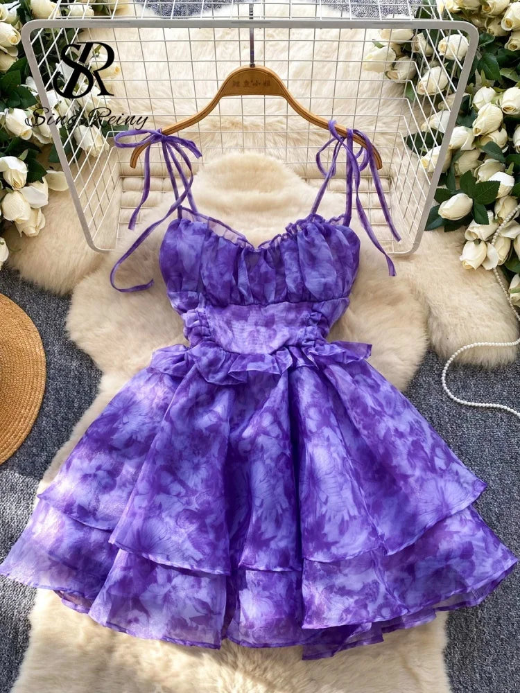SINGREINY Holiday Print Flowy Birthday Dress Women Strap Butterfly Vacation Cake Sundress Organza Luxury Party Short Dress
