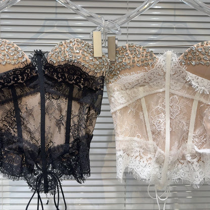 Summer 2026 Sexy Spicy Girl Heavy Work Rhinestone Nail Fishbone Waist Cinch Strapless Tube Top Tank Original Design Lace Trim...