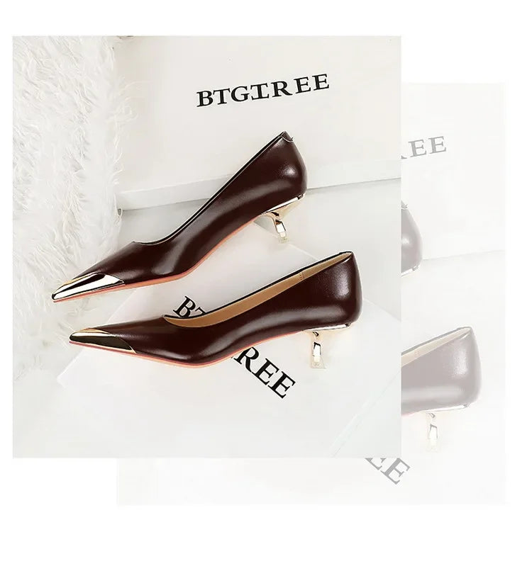 BIGTREE Retro Shallow Metal Pointed Toe High Heels Women Pumps  Stripper Elegant Party Thin Low Heels Black Heels Shoes