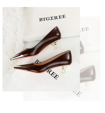 BIGTREE Retro Shallow Metal Pointed Toe High Heels Women Pumps  Stripper Elegant Party Thin Low Heels Black Heels Shoes