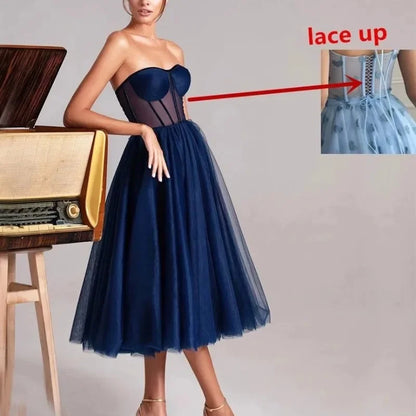 Elegance Lace Design Elegant Cocktail Party Vestidos Slim Wasit Sleeveless Tiered Pleated Midi Length Evening Formal Prom Dress