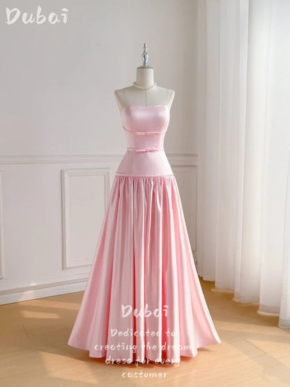 Evening Luxury Party Dresses Dubai Vintage Pink Satin Strapless Formal Occasion Ball Prom Gowns Customized أطقم فساتين