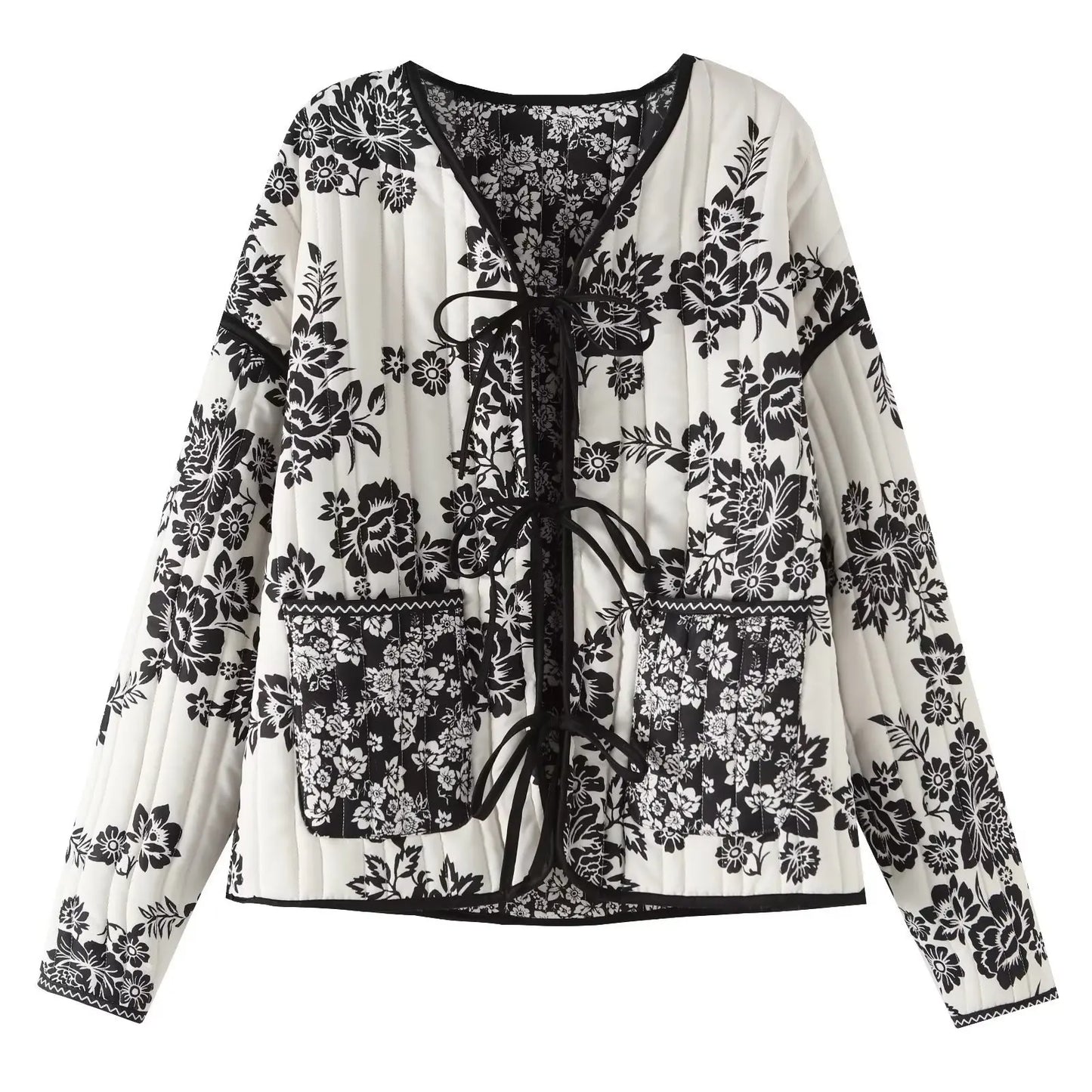 HH Floral Print Jacket For Women Autumn Quilted Reversible Cotton Coat Cardigan Long Sleeve Jackets Elegant Woman Streetwear