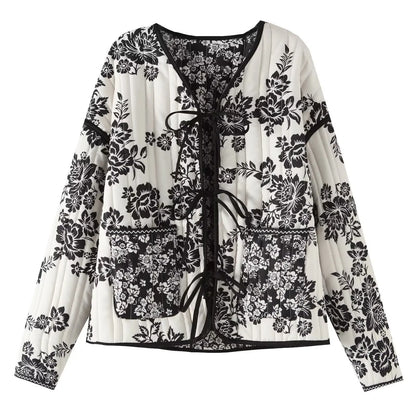 HH Floral Print Jacket For Women Autumn Quilted Reversible Cotton Coat Cardigan Long Sleeve Jackets Elegant Woman Streetwear