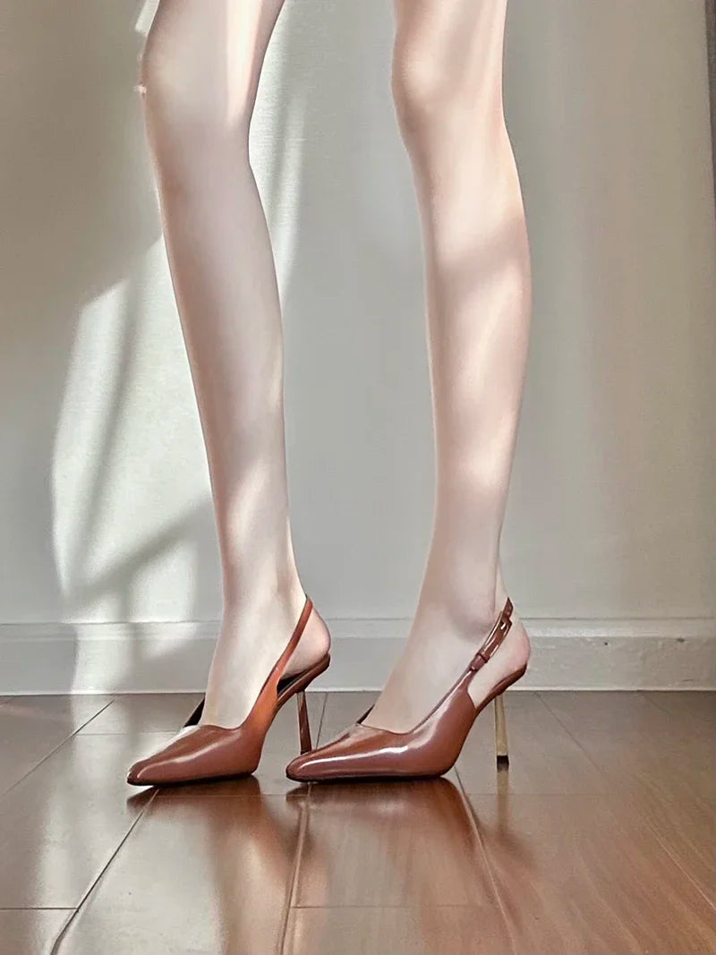 Black Pointed Toe High Heels Thin Heel Metal Cap Sandals Women's Shoes Elegant Painted Leather Sexy Fine Heel New 2025
