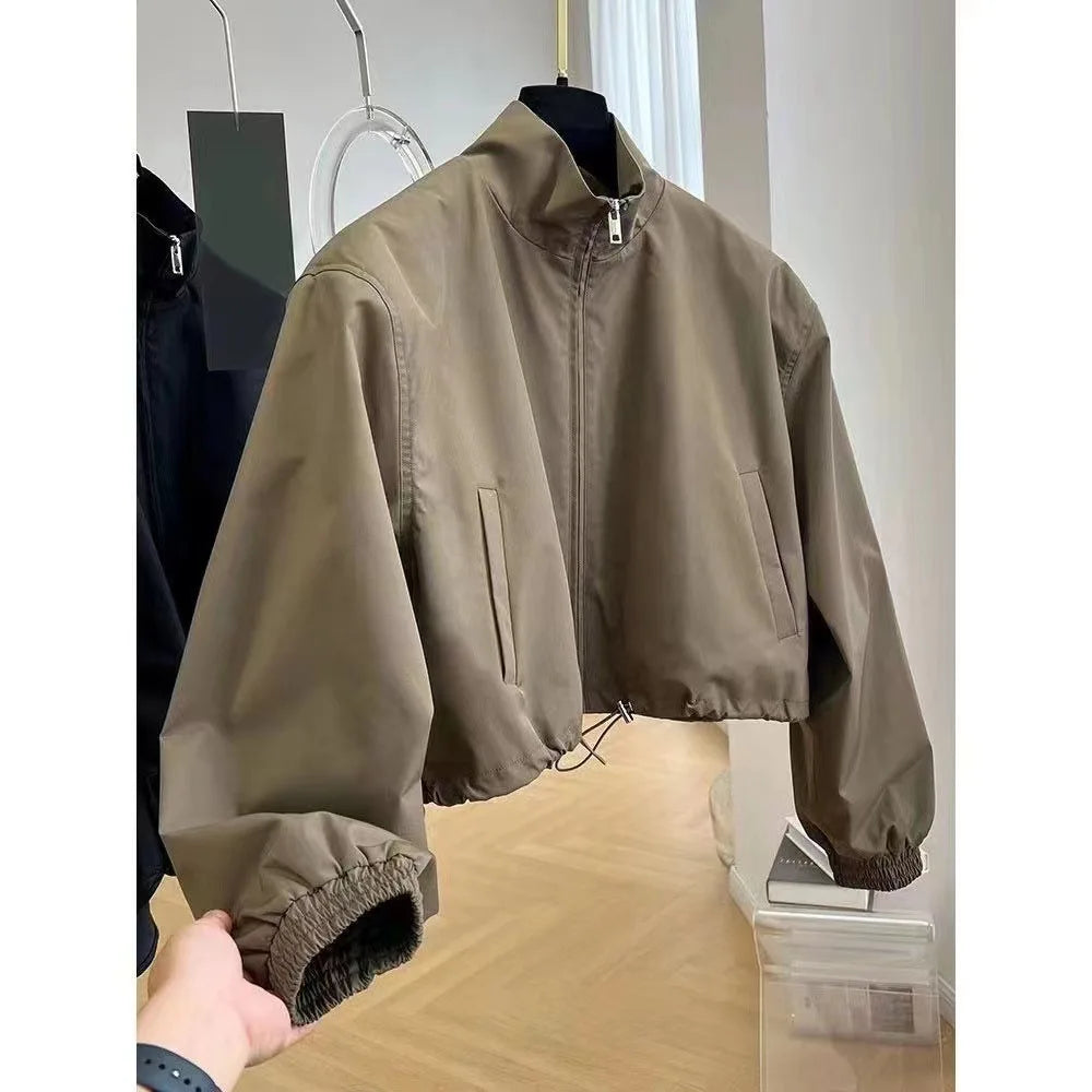 2025 New Autumn Korean Style High-End FeelDesign Stand Collar Cropped Jacket For Women Petite Workwear Elegant Casual Chic Tops
