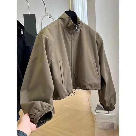 2025 New Autumn Korean Style High-End FeelDesign Stand Collar Cropped Jacket For Women Petite Workwear Elegant Casual Chic Tops