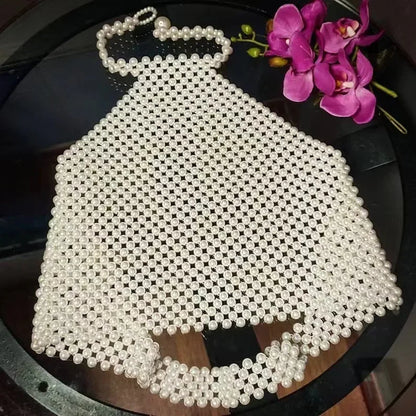 Handcrafted Elastic Pearl Beaded Sexy Hot Girl Bralette Top White Beaded Crop Top Women's Fashion Vest Strapless Bra
