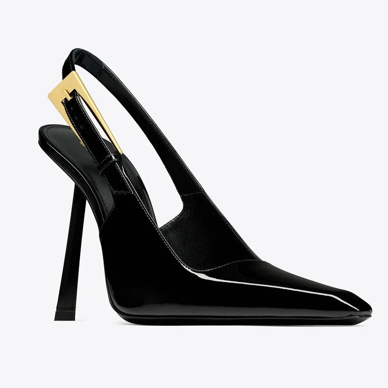2025 Spring And Summer New Black Patent Leather High Heels Women Slim Heel Shoes Temperament Minority Pointed Sandals