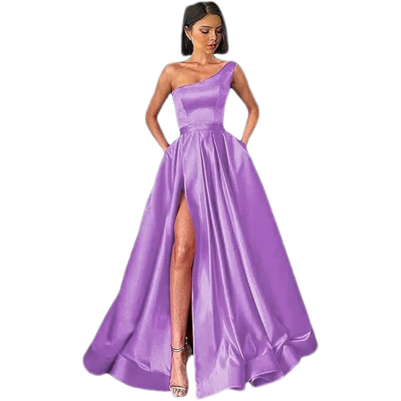 Customized Women's One Shoulder Prom Dresses Long Ball Gown High Slit Satin Corset Formal Dress Evening Gowns with Pockets