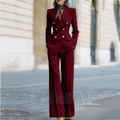Customized Straight Women's Suits Two Pieces Classic Double Breasted Solid Color High Street Business Casual Office Suit Set