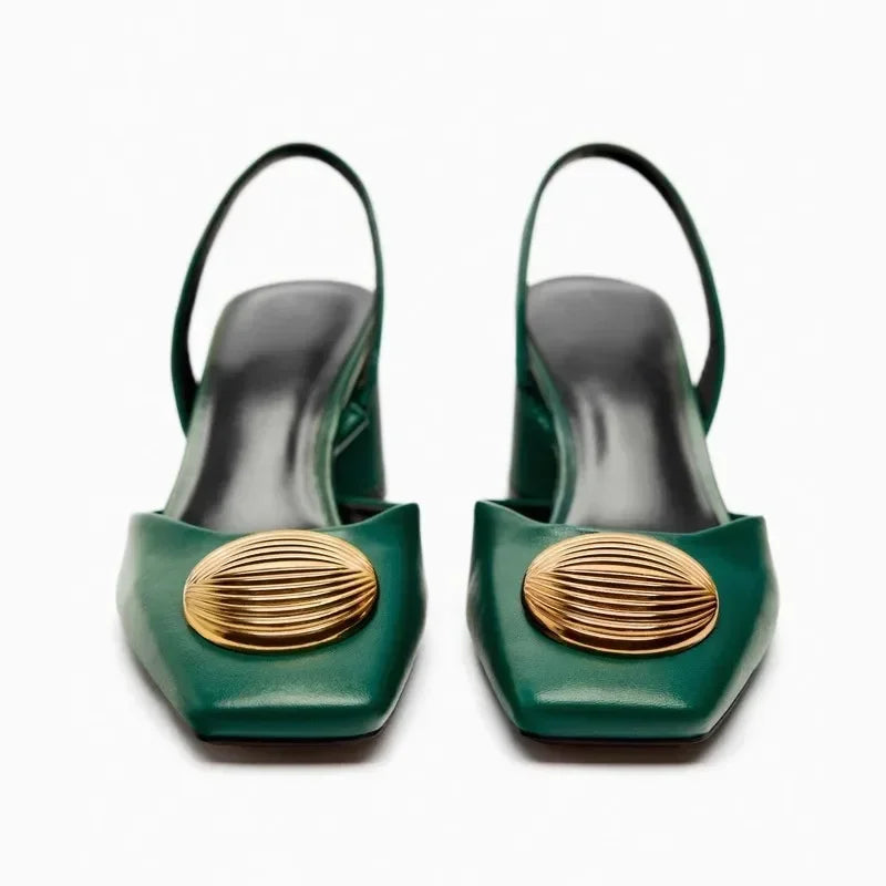 Designer Brand Sandals Women Pumps Metal Decoration Fashion Square Toe Chunky Heels Dress Shoes Elegant High Heels Ladies Mules