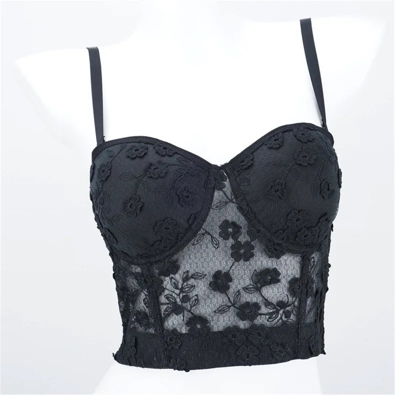 Women Crocheted 3D Lace Corset Stylish Floral Embroidery Bustier Push Up Bra Lady Tank Top Elegant Cropped Top Club Party Bralet
