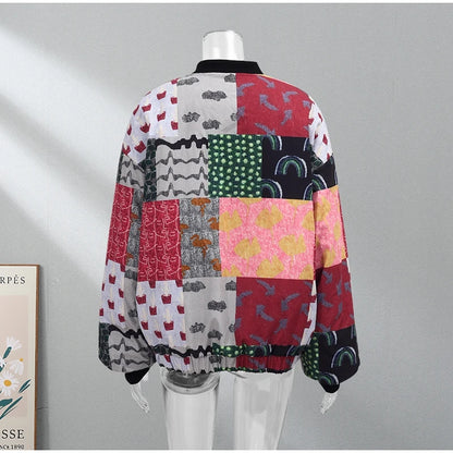HH Floral Print Jacket For Women Autumn Quilted Reversible Cotton Coat Cardigan Long Sleeve Jackets Elegant Woman Streetwear