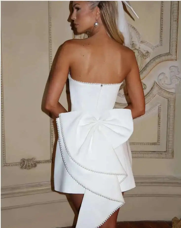 Avrilyaan Bow Pearl Short Backless Sleeveless Sexy Dress Women Elegant Party Dress Strapless Bodycon Mini Summer Dress Vestidos