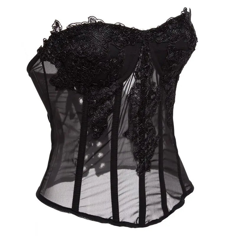 Pink Transparent Mesh With Floral Appliques Overbust Gothic Corset Top Woman Push Up Bustier Lingerie Sexy Hot Corsetto Donna