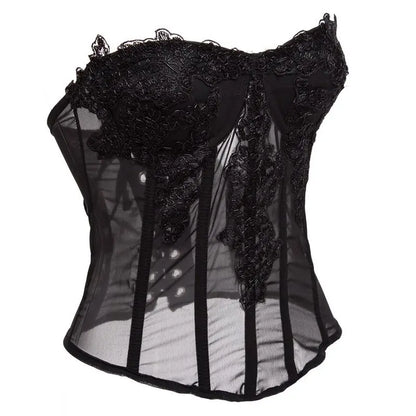 Pink Transparent Mesh With Floral Appliques Overbust Gothic Corset Top Woman Push Up Bustier Lingerie Sexy Hot Corsetto Donna