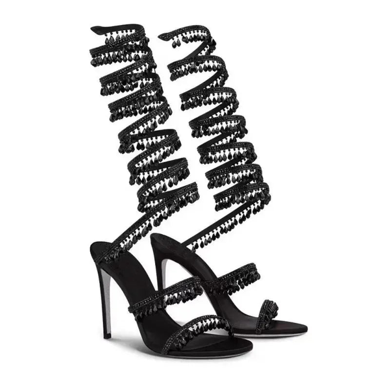 2024Women's New Water Diamond Sandals Fashion Tassel Crystal Shoes Sexy Banquet Party Twin Stiletto Women's Large Sandals