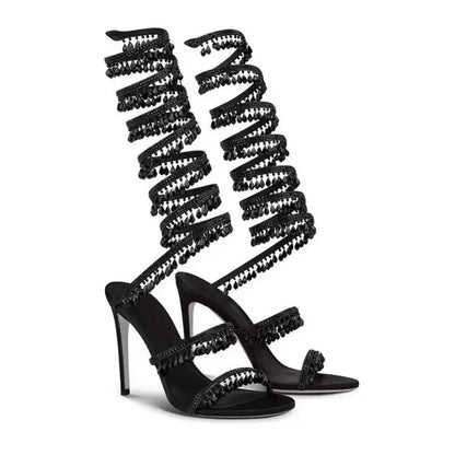 2024Women's New Water Diamond Sandals Fashion Tassel Crystal Shoes Sexy Banquet Party Twin Stiletto Women's Large Sandals