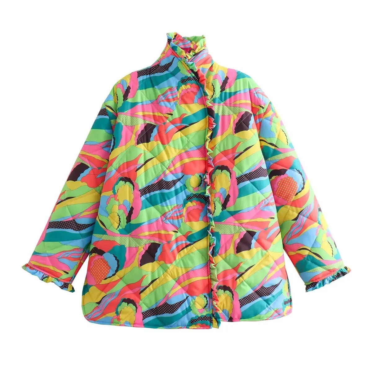 HH Floral Print Jacket For Women Autumn Quilted Reversible Cotton Coat Cardigan Long Sleeve Jackets Elegant Woman Streetwear