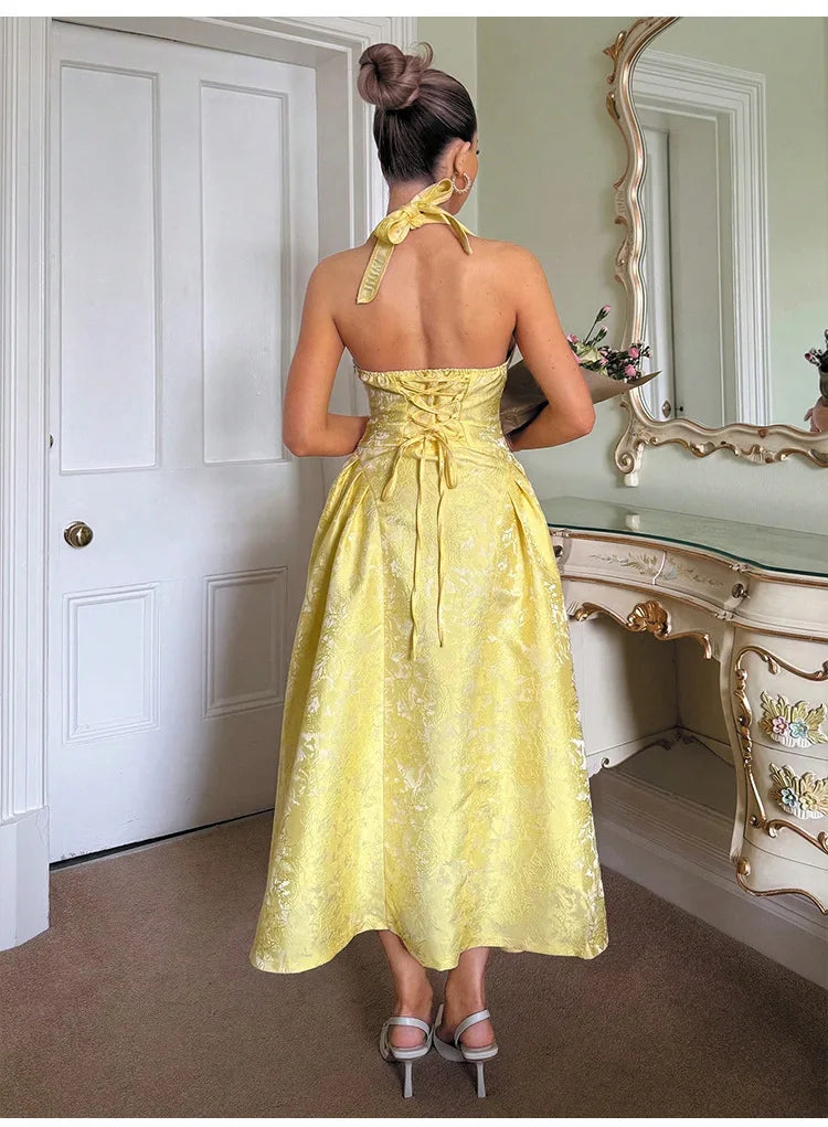 Evening Party Dresses Women Summer Sexy Bow Halter Long Dress Elegant Jacquard Lace Up Backless Birthday Robe