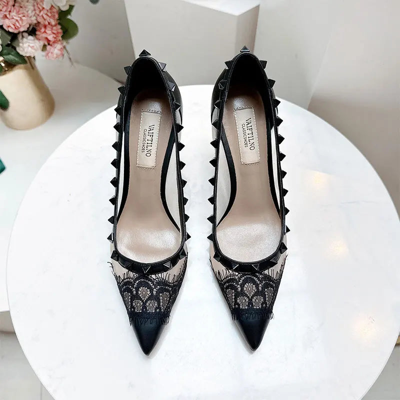 V-Home Mandarin Orange High Heels Lace Mesh Rivet Pointed Toe Versatile Single Shoes Women Summer Fashionable Elegant
