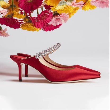 Women's Sandals 2026 New High Heels Fashion Water Diamond Chain Banquet Pointed Fine Heels Women's Muller Shoes