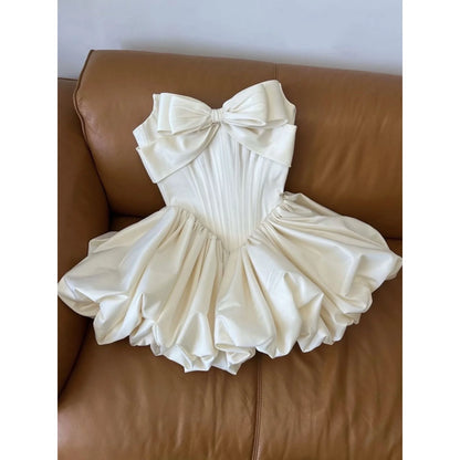 Princess Style  Knot Tube Top Dress Women's Puffy Skirt Formal Dress White Color Spring Season Polyester Fabric
