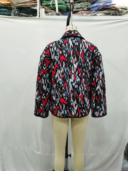 HH Floral Print Jacket For Women Autumn Quilted Reversible Cotton Coat Cardigan Long Sleeve Jackets Elegant Woman Streetwear
