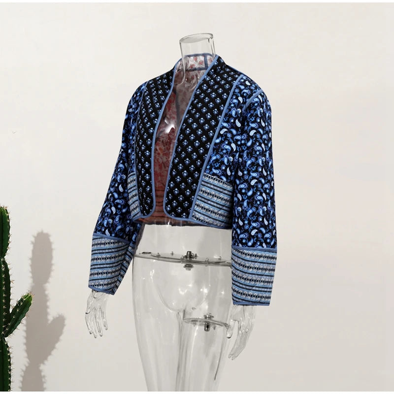 HH Floral Print Jacket For Women Autumn Quilted Reversible Cotton Coat Cardigan Long Sleeve Jackets Elegant Woman Streetwear