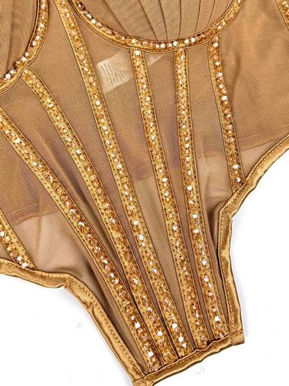 Sexy Mesh Design Camisole Vest Style Ladies Corset Tops with Chest Cushion Sparkling Diamond Decoration Fishbone Lingerie Tops