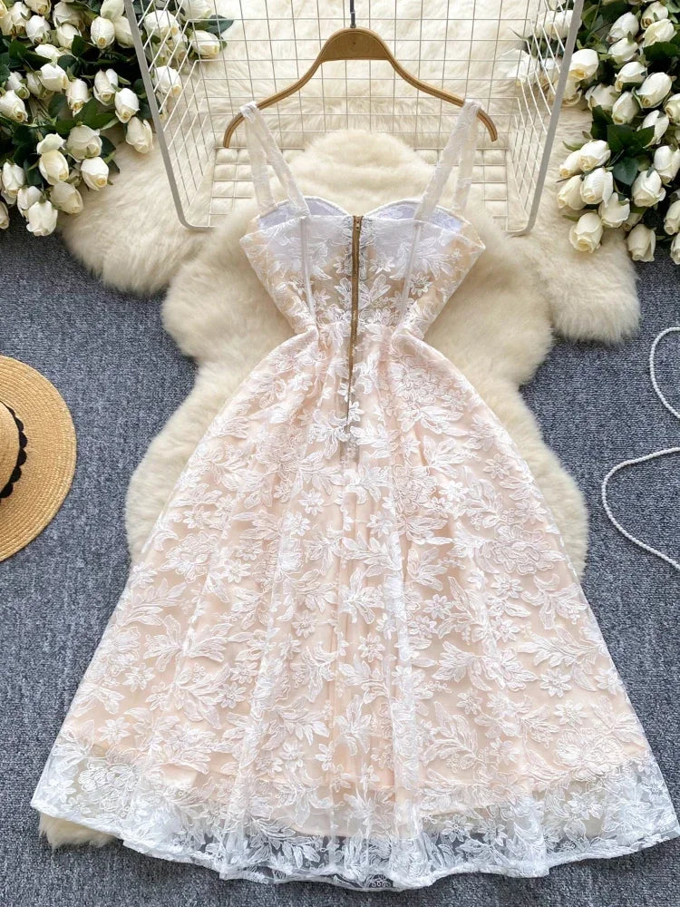Women Sexy Hollow Out Party Club Embroidery Dress Ladies Formal Occasion Summer Fish Bone Splicing Strap Evening Vestidos Autumn