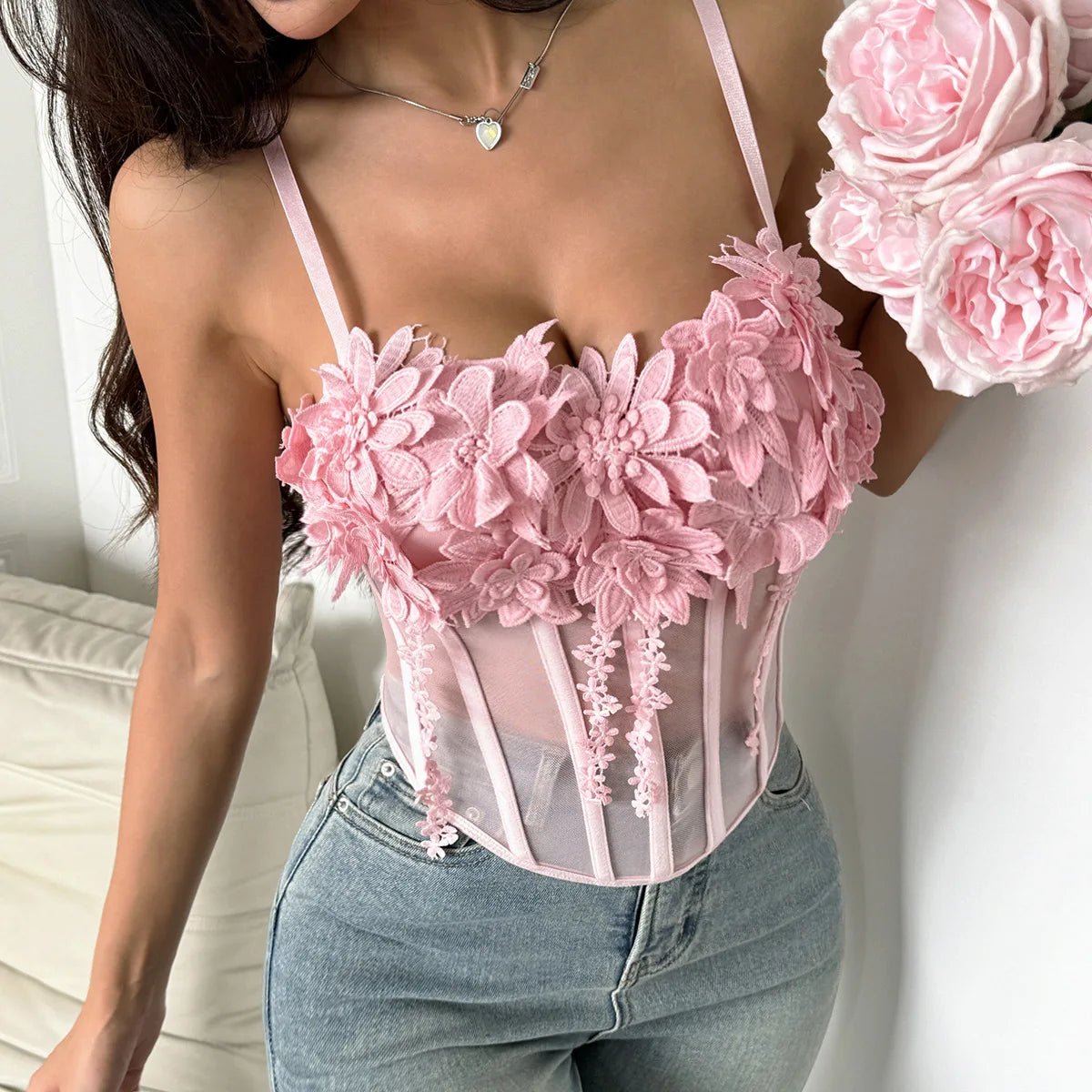 SINGREINY Sheer Gauze 3D Flowers Corset Women Pink Sexy Straps Slim Tops Fashion Streetwear Ladies Short French Chic Sweet Camis