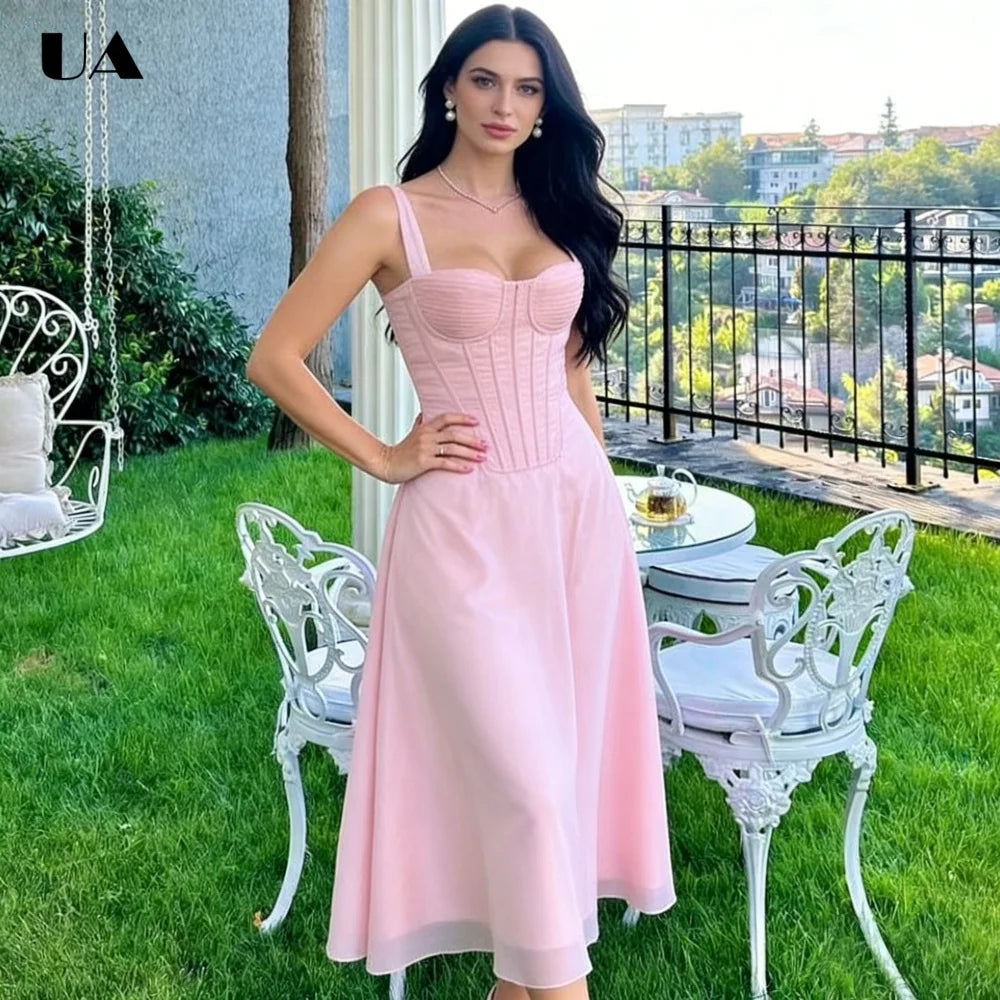 Elegant A-line Bow Ruched Midi Prom Dress, Sweet Strapless Lace-up Long Dress for Woman, Trendy Sleeveless Fishbone Party Dress