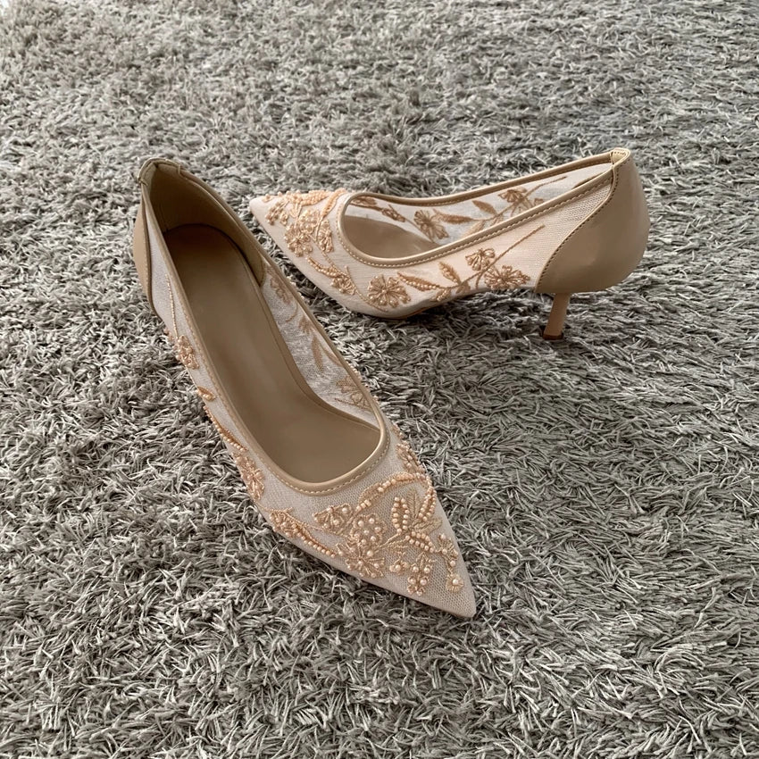 String Bead Mesh Embroider High Heels Women Sexy Pointed Toe Heeled Sandals Summer Elegant Luxury Designer Wedding Pumps Shoes