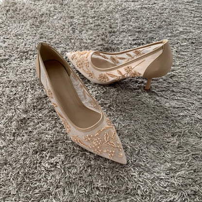 String Bead Mesh Embroider High Heels Women Sexy Pointed Toe Heeled Sandals Summer Elegant Luxury Designer Wedding Pumps Shoes