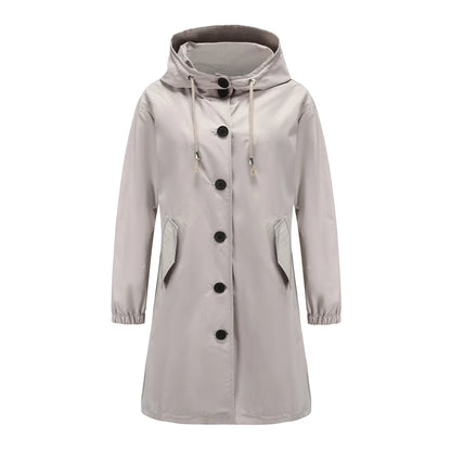 Spring Autumn Women's Trench Coat Water-Repellent Hooded Windbreaker Outdoor Loose Casual Zipper Long Jacket