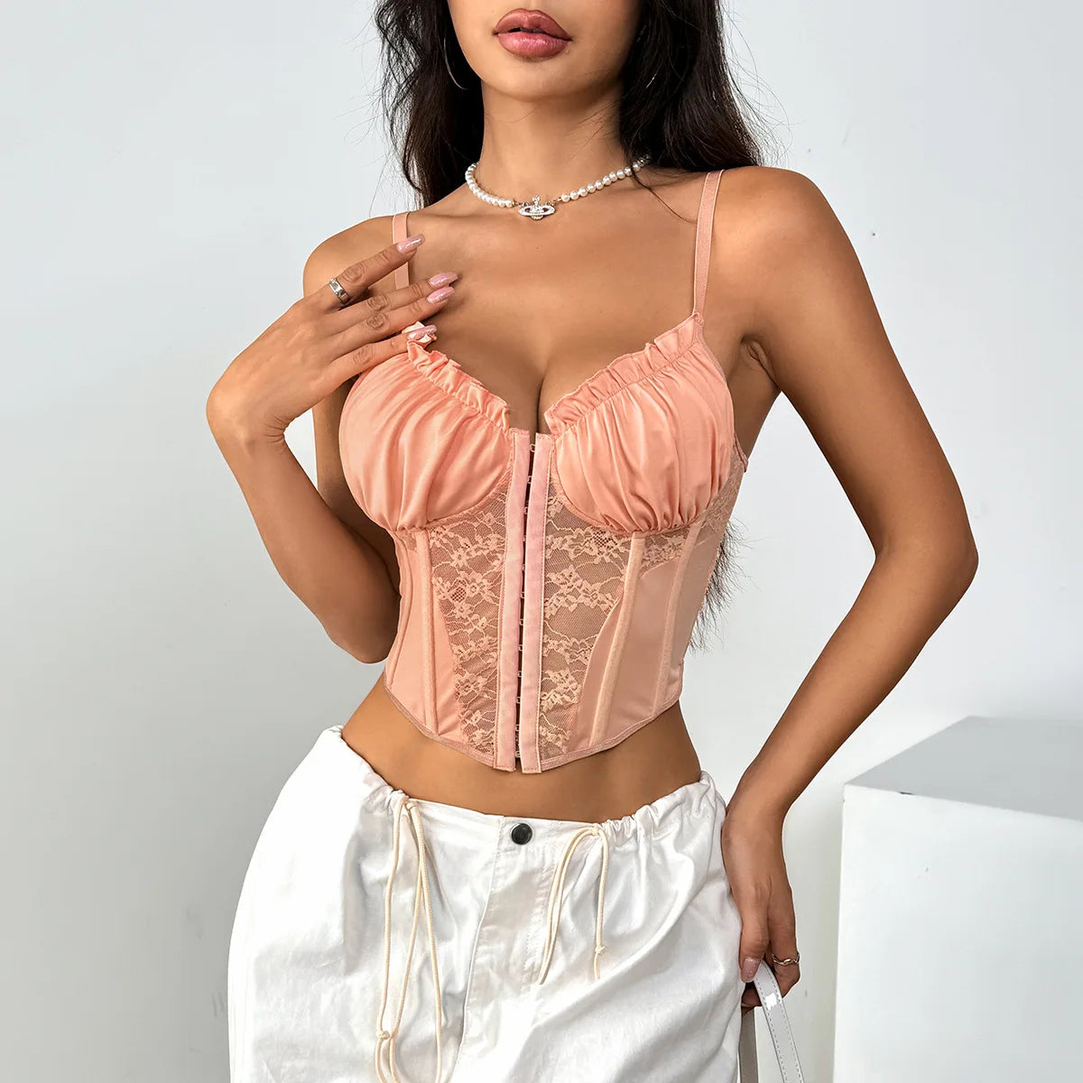 Sexy Lace Mesh Sheer Patchwork Corset Top Spaghetti Strap Pleated Chic Tank Tops for Women See Through Back Fishbone Camisole