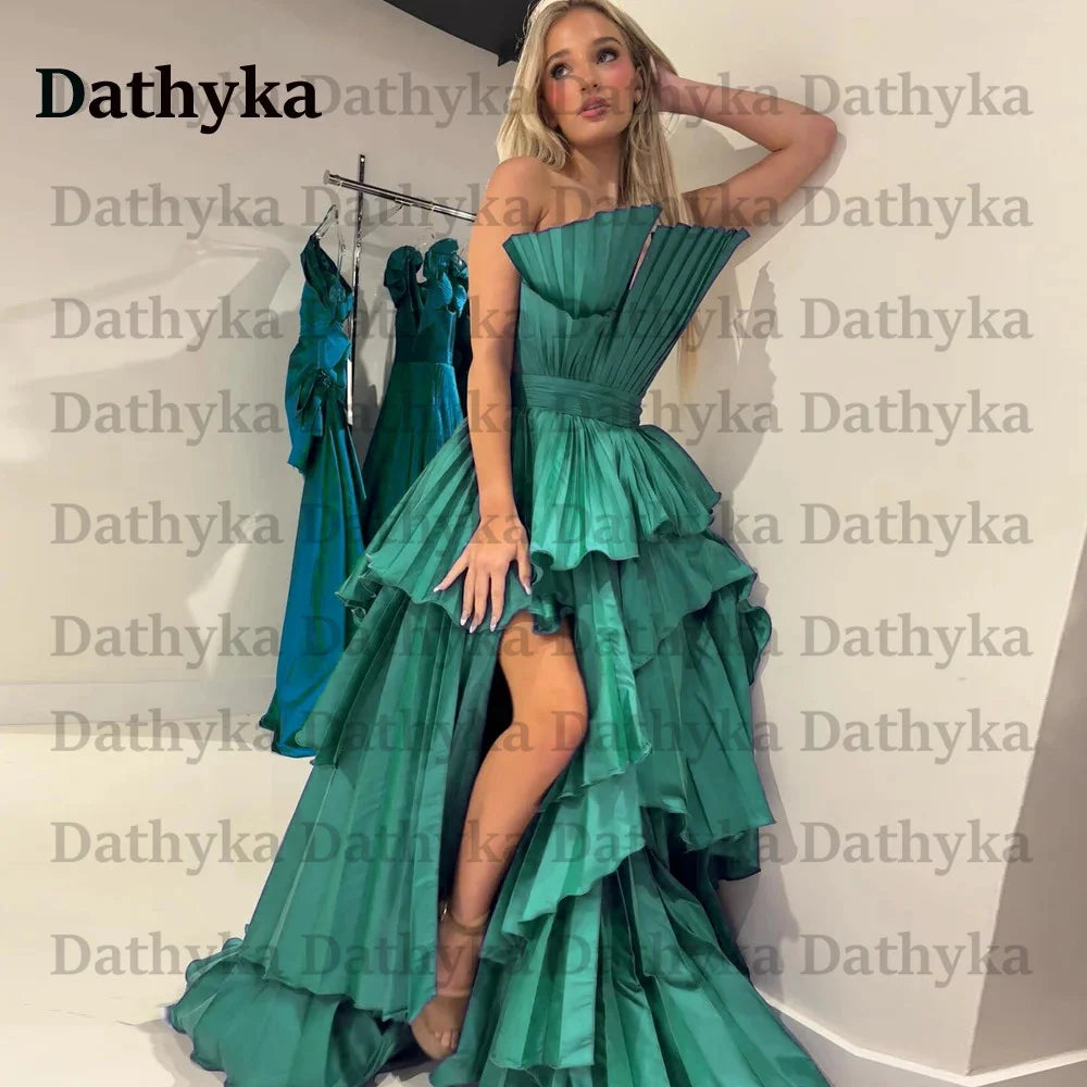 Dathyka Pleats Prom Dress Satin A Line Evening Dress High Slit Tiered Party Dress For Women Strapless Robe De Mariee Customised