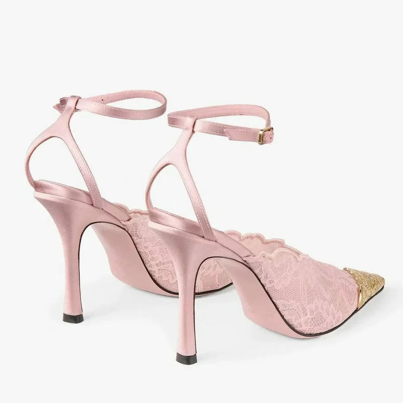 2026 Fashion Lace Sequin Hollow Out Mesh Women Pumps Sexy Pointed Toe Designer Low Heels Slingback Sandals Ladies Shoes