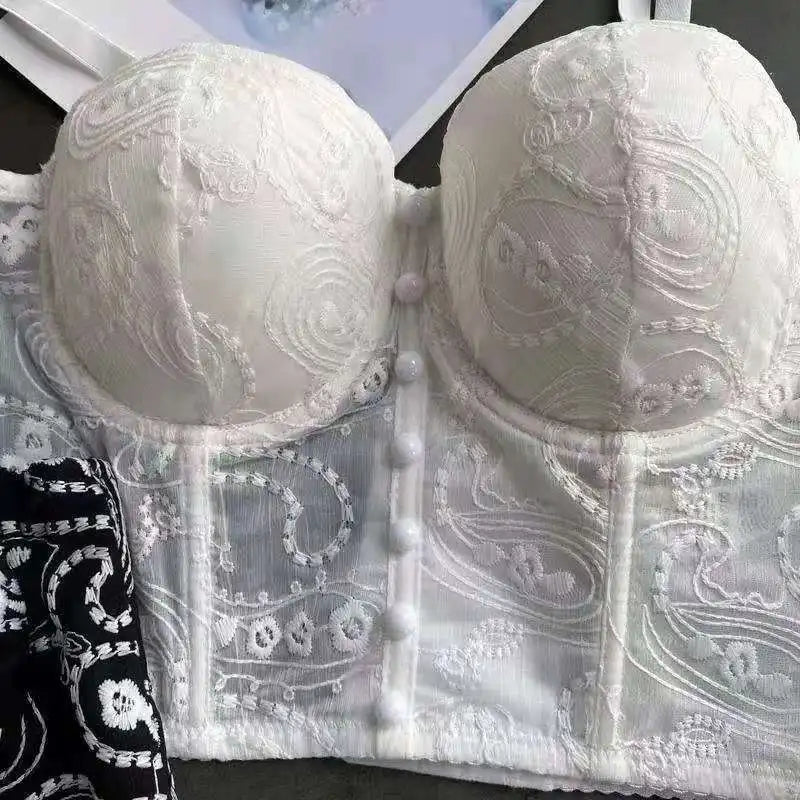 Women Crocheted 3D Lace Corset Stylish Floral Embroidery Bustier Push Up Bra Lady Tank Top Elegant Cropped Top Club Party Bralet
