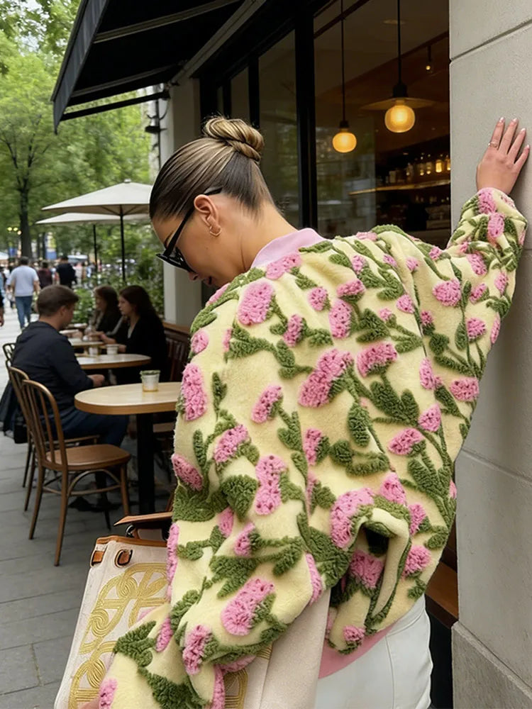 Sweet Dreamy Flower Plush Bomber Jacket For Women Casual Oversized Long Sleeves Zip Up Fleece Coat 2026 High Street Daily Wear