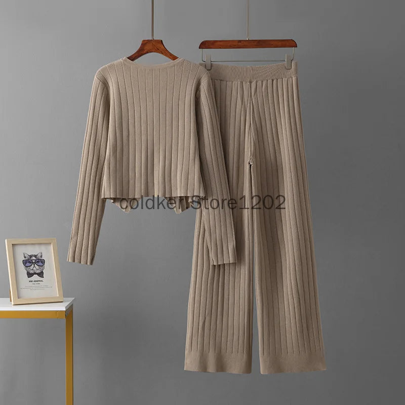 Spring Pink Women's 2 Piece Outfits Long Sleeve Knit Buttons Sweater Top Wide Leg Pants Lounge Sets Tracksuits Casual 2pcs Sets