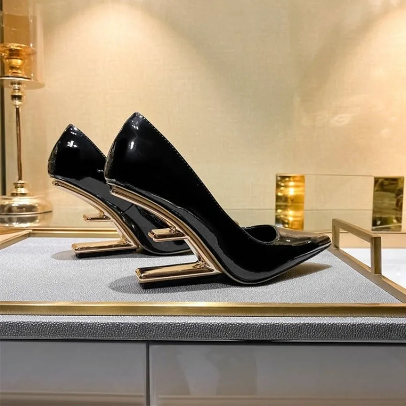 2025 New Women Pumps Pointed Toe High Heels Ladies Letter Strange Heel Wedges Runway Party Wedding Dress Valentine Shoes