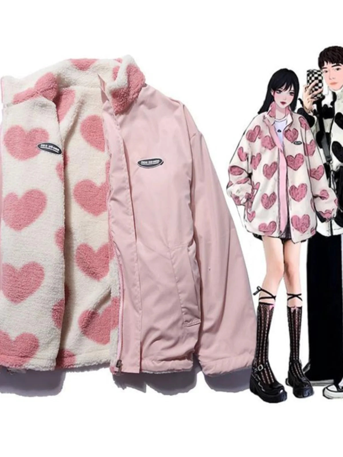 Double-Sided Wear Thickened Lamb Fur Heart Pattern Cotton Jacket Couple's Two-Way Wear Casual Warm Zipper Closure Long Sleeve...