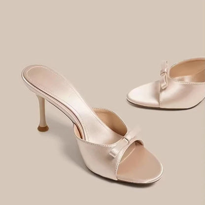 Designer Thin High Heel Summer Women Slippers Fashion Satin Butterfly-knot Dress Slides Ladies Sexy Stripper Party Sandals
