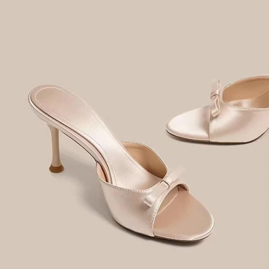Designer Thin High Heel Summer Women Slippers Fashion Satin Butterfly-knot Dress Slides Ladies Sexy Stripper Party Sandals