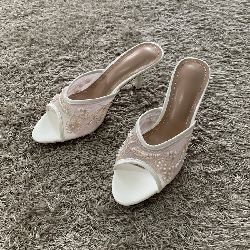 2026 String Bead Mesh Embroider Slingback High Heels Women Sexy Peep Toe Heeled Sandals Summer Elegant Luxury Designer Shoes