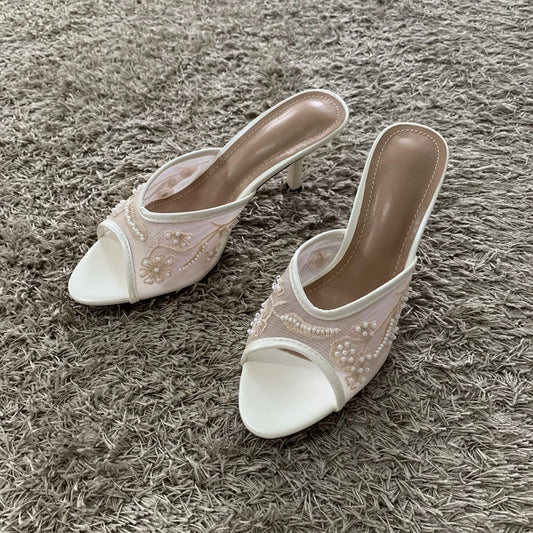 2026 String Bead Mesh Embroider Slingback High Heels Women Sexy Peep Toe Heeled Sandals Summer Elegant Luxury Designer Shoes