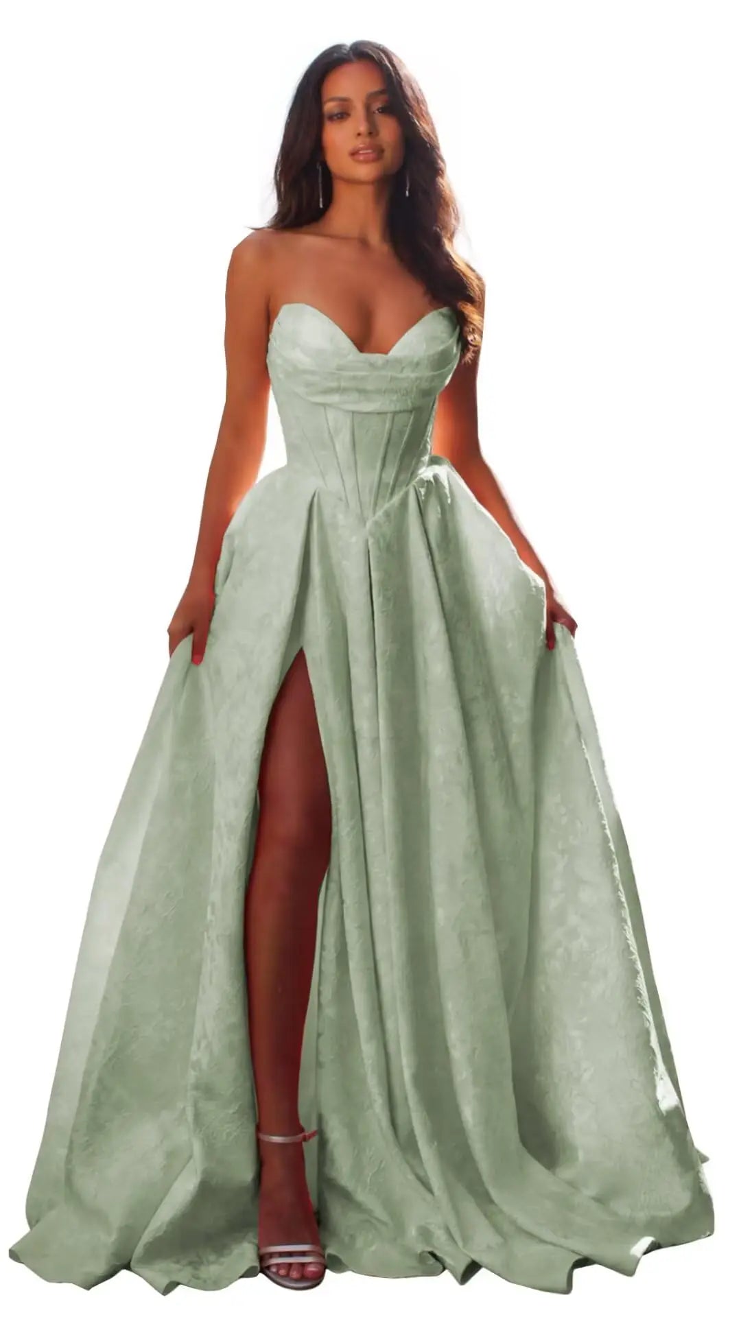 Women Elegant Jacquard Satin Prom Dresses with Slit Strapless Corset A Line Long Formal Gowns Evening Gowns Party Dresses
